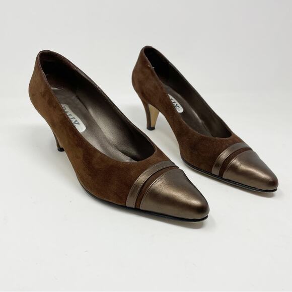 Bally of Switzerland Vintage Brown suede metallic leather mid heel pumps shoes 7 - Picture 1 of 11